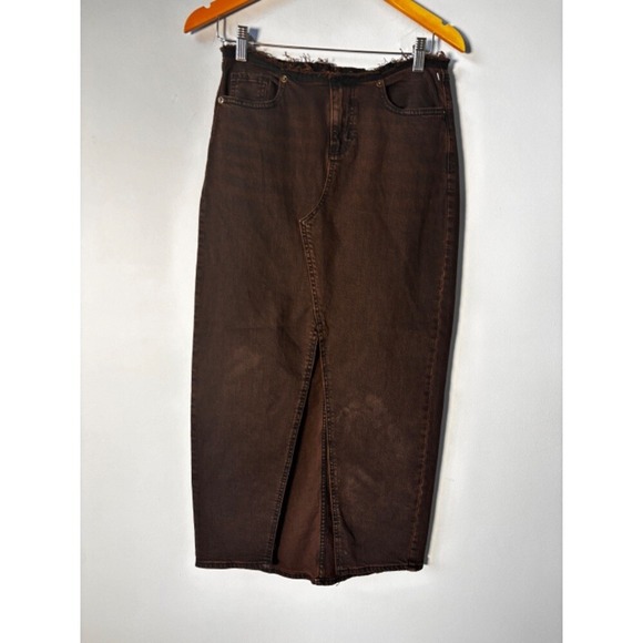 Wild Fable Denim Maxi Skirt Frayed Waist High Slit Style Brown‎ black NWOT - Picture 1 of 8
